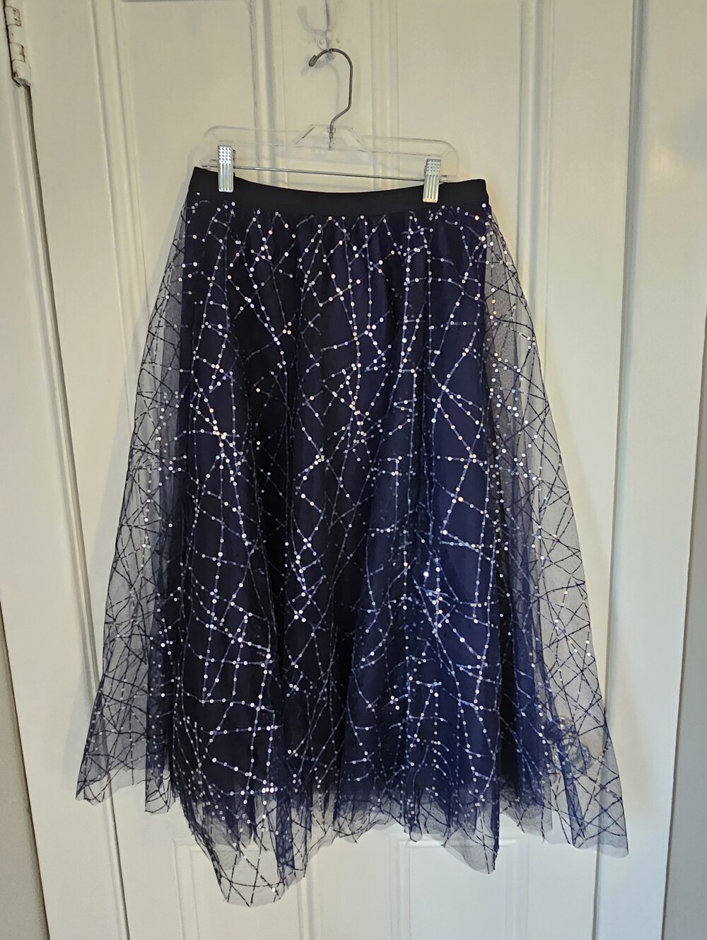 NWT Chicwish Womens Medium Navy Blue Tulle Midi Lined Skirt Silver Sequins